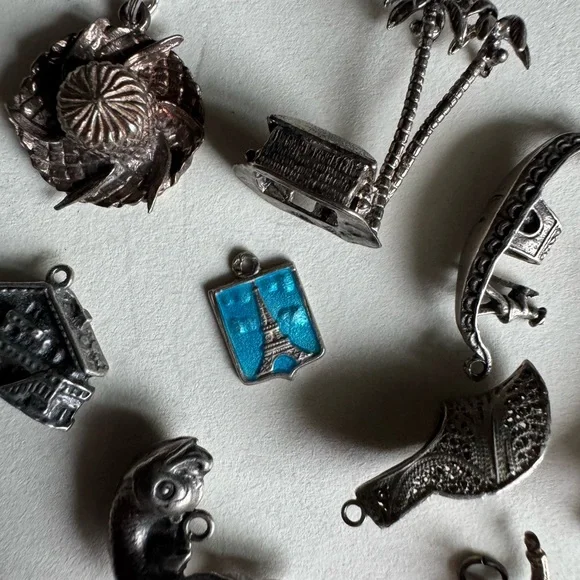 9pc Sterling Silver and silver tone travel charm collection bundle
